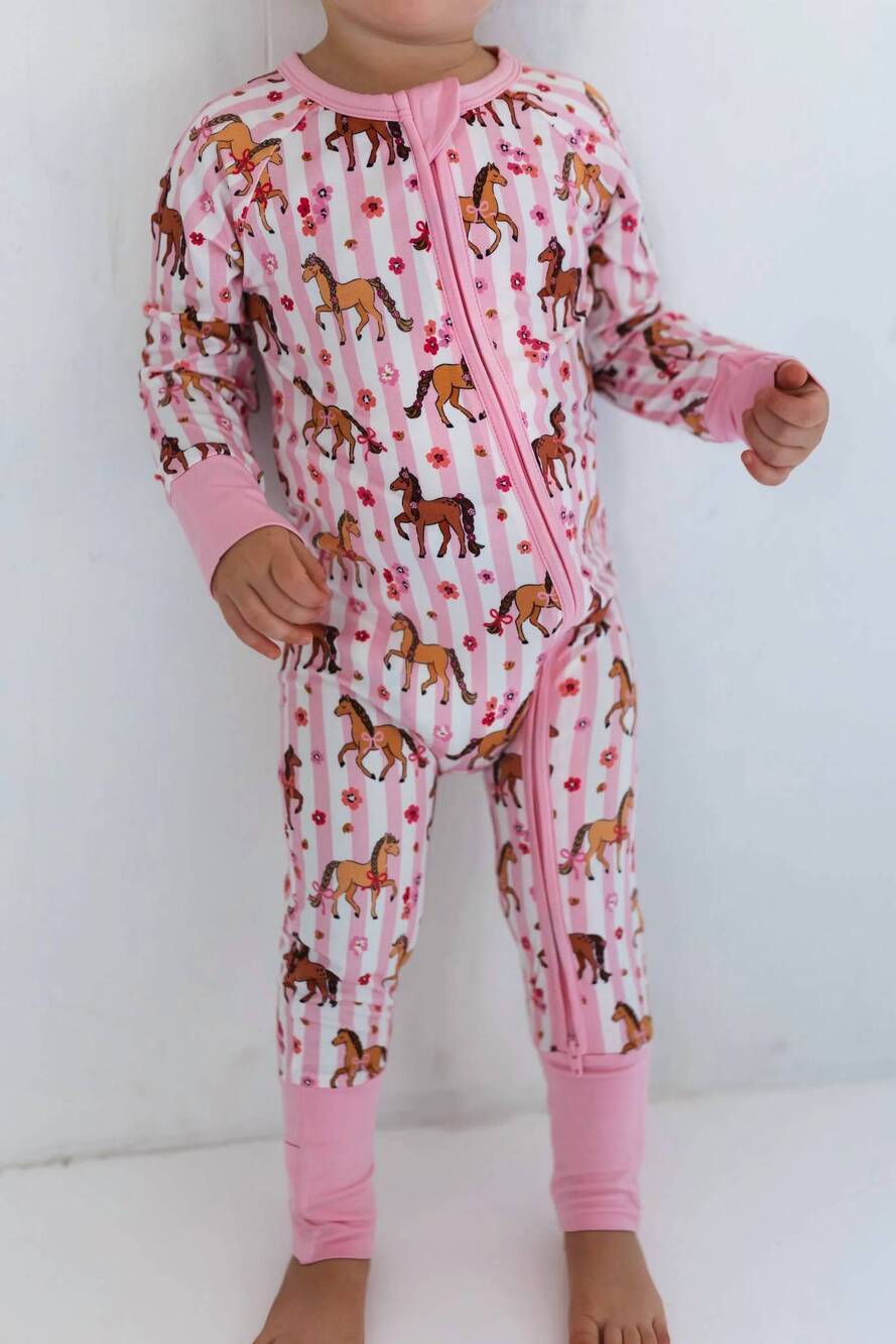 NEW IN MY JAMMERS kids' zipper romper in pink pony
